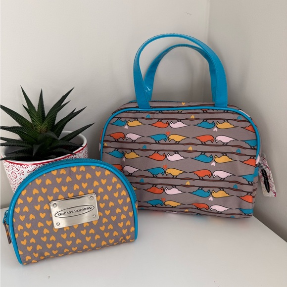 Chinese Laundry Handbags - Chinese Laundry Cosmetic Bag with Matching Pouch Bird and Heart Pattern